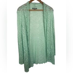 Roz&Ali mint green open front cardigan. So lovely with a lace pattern trim. PL